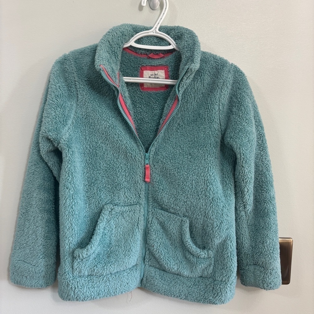 Mini Boden Girls Size 11-12 Fuzzy Sherpa Full Zip Up Jacket turquoise